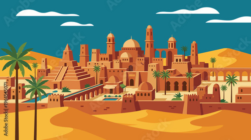 A stunning representation of an ancient city set in a desert, filled with intricate architecture, palm trees, and historical significance, capturing a sense of wonder and exploration.