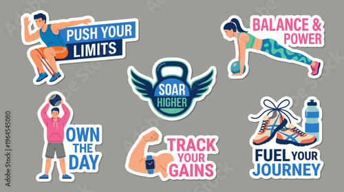 A dynamic collection of fitness-themed stickers designed to inspire and motivate individuals in pursuing a balanced and healthy active lifestyle.