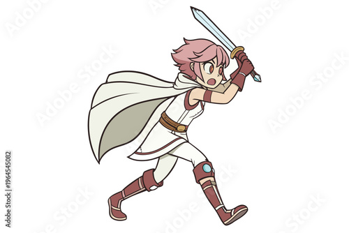 Cute original character design of fantasy female girl warrior, 
 Swordswoman magic fencer knight named Lenaria in Japanese manga. Vector illustration style with isolated white background