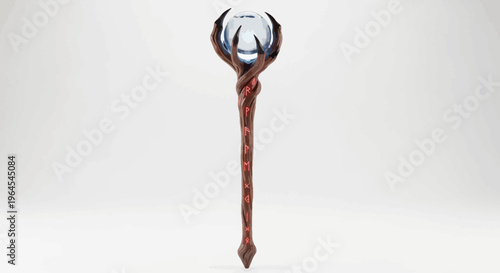 A wooden staff with a crystal orb held in claw-like prongs, runes inscribed