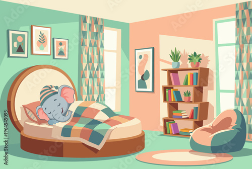 A cute cartoon elephant sleeps peacefully in a stylishly designed bedroom, surrounded by plants, decor, and a cozy atmosphere, capturing serenity and comfort.