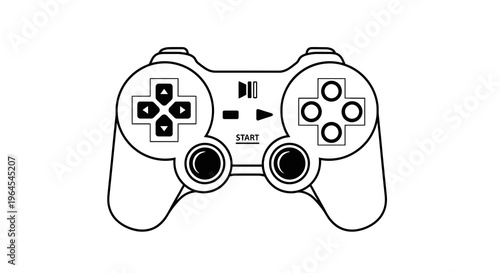 A simple, black-and-white vector illustration of a game controller, with buttons and analog sticks