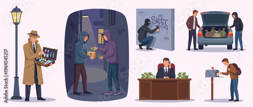 A dark, illustrated depiction of urban crime scenes, featuring shady deals, graffiti, and characters engaged in suspicious activities illustrating the underbelly of city life.