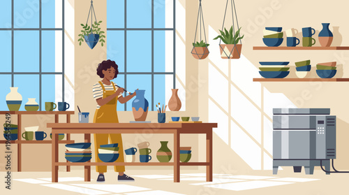 A vibrant pottery workshop scene featuring a person skillfully shaping clay on a potter's wheel, surrounded by colorful ceramic pieces and natural light streaming through windows.