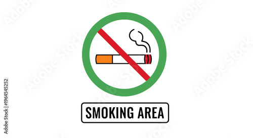 A circular sign with a crossed-out cigarette over a white background, "SMOKING AREA" below
