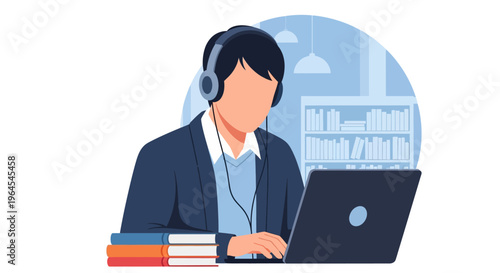 Flat vector illustration of a faceless man wearing over-ear headphones and a navy blazer while working on a laptop at a desk with a stack of books and library bookshelf background