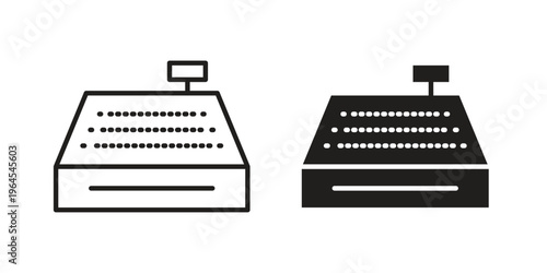 Cash register icons line and solid version, outline and filled vector design set