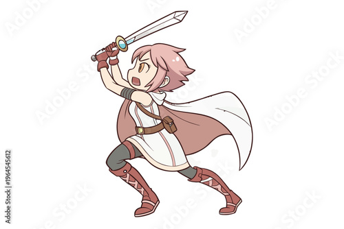 Cute original character design of fantasy female girl warrior, 
 Swordswoman magic fencer knight named Lenaria in Japanese manga. Vector illustration style with isolated white background