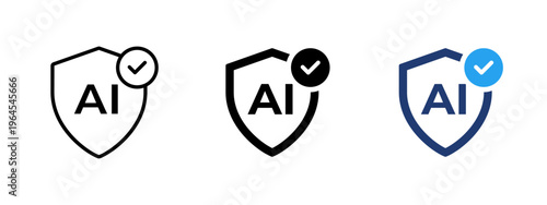 AI shield icon. Security and protection symbol. Cyber, digital and artificial intelligence concept. Network, firewall and interface design representing AI, shield and safe technology.
