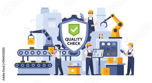 Factory Quality Control & Automated Manufacturing: Industrial Production Line with Workers, Robotics, and Product Inspection