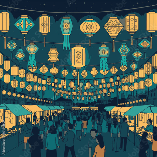 Night market illuminated by numerous hanging lanterns.