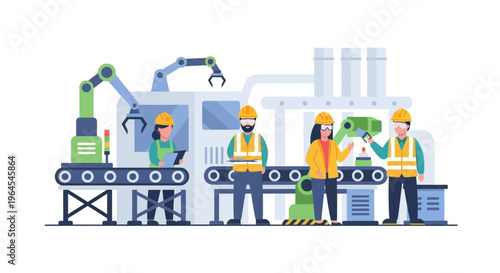 Industrial Automation: Factory Workers, Engineers & Robotic Arms on a Modern Production Line