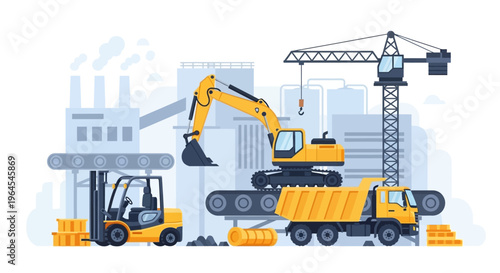 Industrial Construction Site with Heavy Machinery: Excavator, Dump Truck, Forklift, and Crane Operating Near a Factory