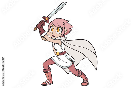 Cute original character design of fantasy female girl warrior, 
 Swordswoman magic fencer knight named Lenaria in Japanese manga. Vector illustration style with isolated white background
