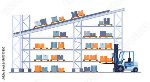Modern Warehouse Logistics Operations: Forklift, Conveyor Belt, Storage Racks, and Inventory Boxes in Distribution Center