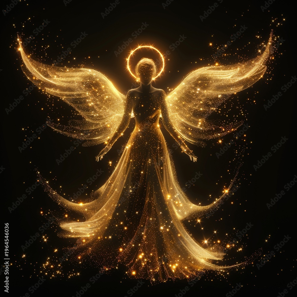 Obraz premium Golden angel glows with radiant light and sparkling wings. Silhouette radiates serenity against deep black background. Celestial figure exudes grace and divine presence. Perfect for spiritual