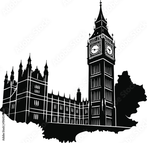 Black and white illustration of big ben and the houses of parliament