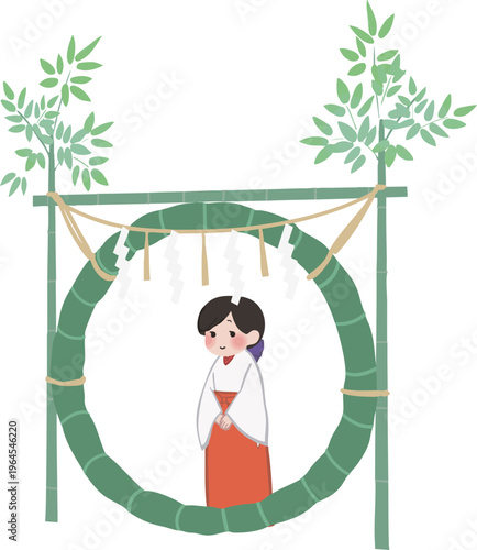 茅の輪をくぐる巫女のベクターイラスト｜夏越の祓・大祓・神社の伝統行事シーン（背景透過）