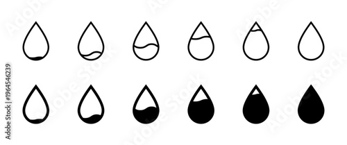 Water drop icon set. Fill and level symbol. Hydration, measurement and consumption concept. Vector, interface and indicator design representing water, daily intake, tracker and liquid level.