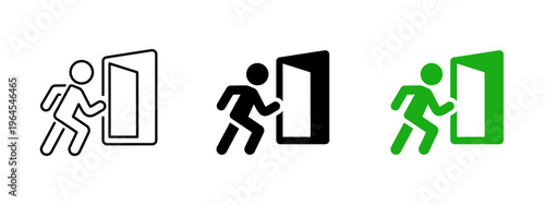 Exit sign icon. Emergency and safety symbol. Direction, arrow and building concept. Vector, interface and pictogram design representing exit, sign and safe route.