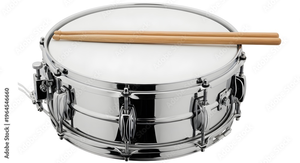 Fototapeta premium A musician plays a shiny snare drum with a wooden stick on a white surface indoors closeup