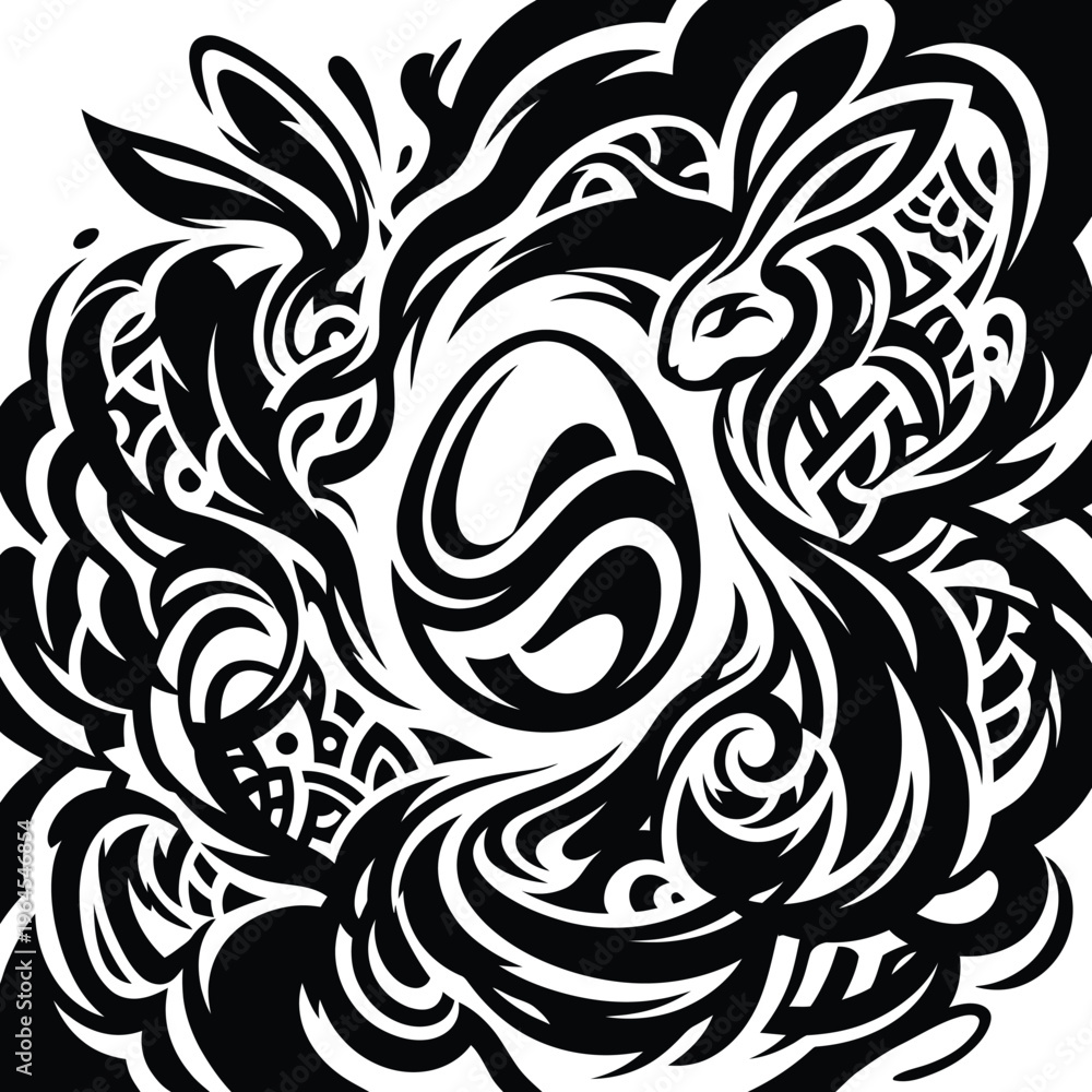 Fototapeta premium Stylized black and white drawing of Easter bunnies and egg with intricate tribal patterns, a truly high-resolution vector illustration.