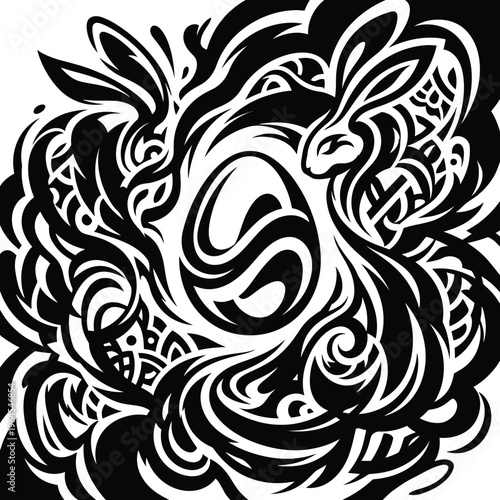 Stylized black and white drawing of Easter bunnies and egg with intricate tribal patterns, a truly high-resolution vector illustration.