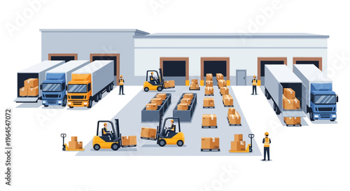 Warehouse Logistics Operations: Forklifts and Trucks Loading Packages for Global Delivery