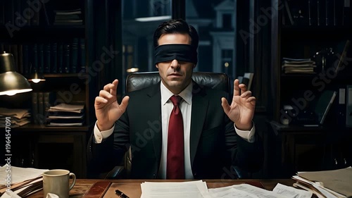 Blindfolded Man in Black Suit and Red Tie Sitting at a Messy Desk in a Dimly Lit Office with Bookshelves Full of Documents and a Desk Lamp Providing