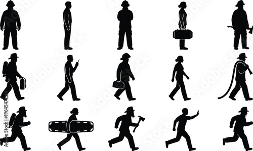 Firefighter silhouettes collection featuring rescue emergency response and equipment carrying poses dynamic vector set isolated on white background for safety training design use