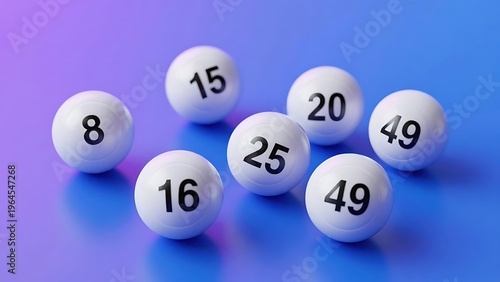 White Lottery Balls with Black Numbers on Gradient Blue Background, 3D Realistic Render for Gambling and Luck Concepts.