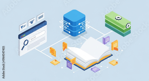 Isometric Illustration of Data Science and Machine Learning Concepts.