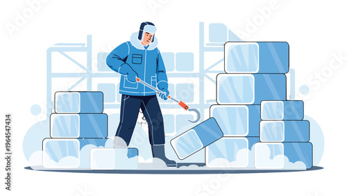 Ice Worker's Precision: A dedicated worker diligently arranges towering blocks of ice, highlighting the frozen landscape and the art of ice processing.