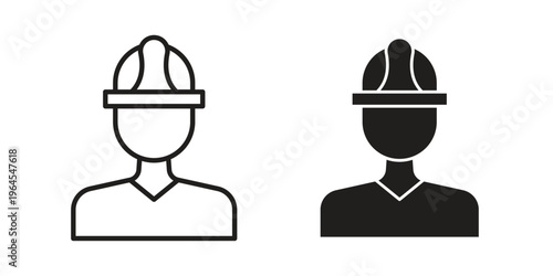 Construction worker icons line and solid version, outline and filled vector design set