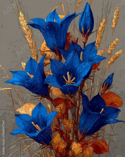 Elegant blue bell flowers depicted in a high‑resolution botanical illustration