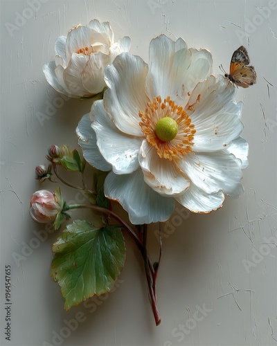 High-resolution digital artwork depicting a soft white flower within an artistic botanical composition