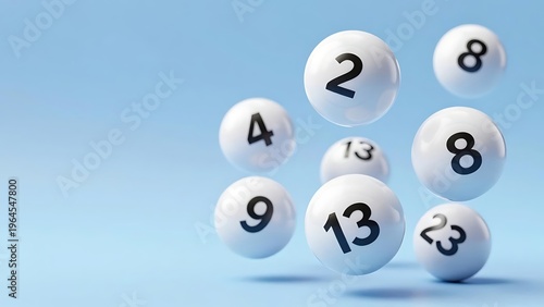 Floating Lottery Balls with Black Numbers on Light Blue Background, 3D Realistic Render for Gambling and Prize Draw Concepts.