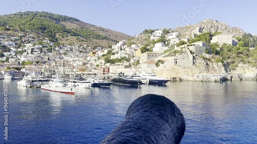 The port of Hydra in the morning, with the surrounding mountains, Greece.