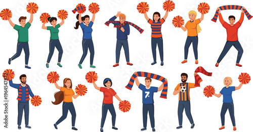 Cheerful Fans in Sports Apparel Holding Pom-Poms and Scarves for Team Spirit, Sports Events, and Celebration Graphics and Illustrations