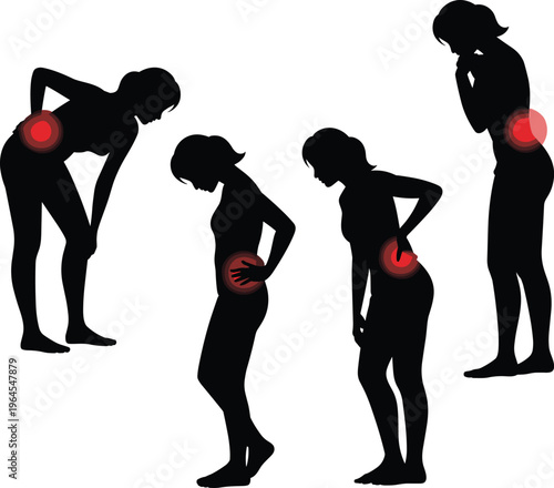 Women body pain silhouette set back ache hip knee joint inflammation health problem concept female figures with red pain points medical illustration