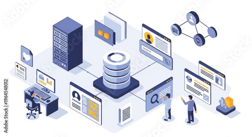 Isometric Illustration of a Database System with Server, Data, and Users.