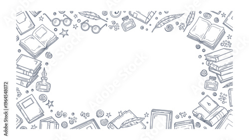 Reading and Knowledge Frame: A hand-drawn border of books, glasses, and inkwells evokes a sense of learning and literary pursuit, perfect for academic or educational themes.