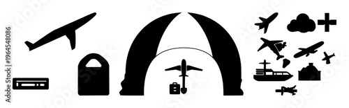 Solid black icon, white background: travel insurance icon set with simple line art design featuring simple design, minimalist, black and white with illustrations and graphics