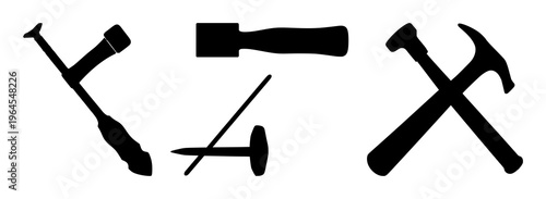 Solid black icon, white background: hammer and nail icon set with simple line art design featuring simple design, minimalist, black and white with illustrations and graphics