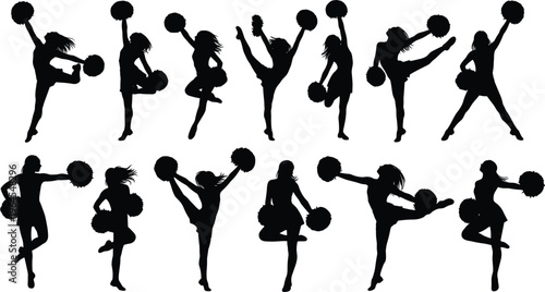 Silhouettes of Cheerleaders Performing Dynamic Poses with Pom Poms, Cheerleading Team Illustration