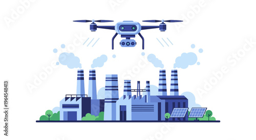 Drone Monitoring Industrial Factory with Emissions and Solar Panels - Smart Industry and Environmental Oversight