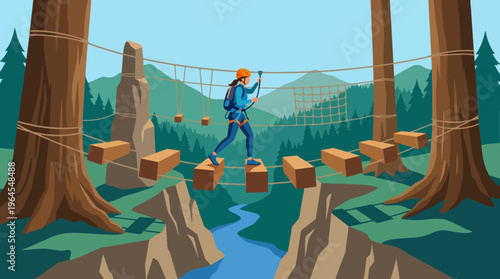 A striking visual of an individual confidently walking across a rope bridge suspended among trees, symbolizing adventure, courage, and the thrill of nature exploration.