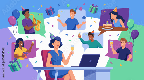 A lively virtual party scene with friends connecting online, featuring joyous expressions, gifts, and festive elements, ideal for conveying togetherness and celebration.