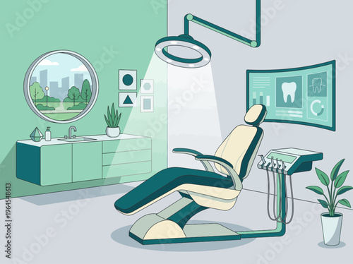 A modern dentist office is depicted with a stylish dental chair, bright lighting, and a warm atmosphere, perfect for ensuring patients feel comfortable and welcomed.