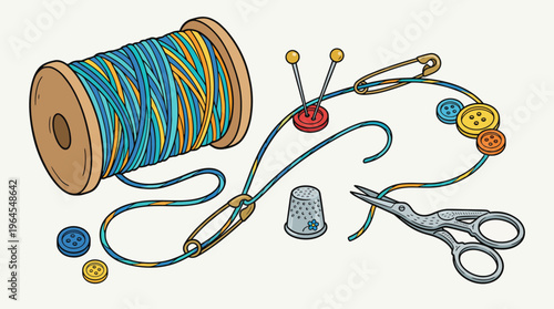 A vibrant assortment of sewing tools, including buttons, thread, scissors, and a thimble, arranged beautifully to symbolize creativity and craftsmanship in textile work.